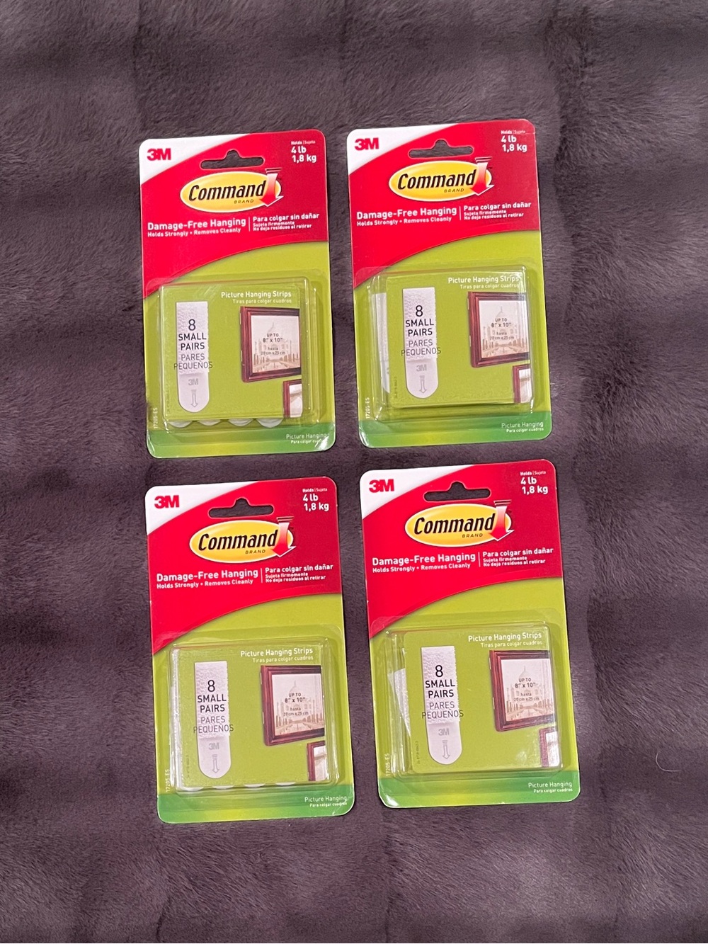 Four (4) Boxes - 3M Command Small Picture Hangers, Holds 4 lbs (Adhesive Strips)
